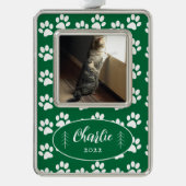 Paw Prints Pattern Cat Photo Green Framedオーナメント シルバープレートフレームオーナメント (正面)