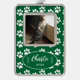Paw Prints Pattern Cat Photo Green Framedオーナメント シルバープレートフレームオーナメント