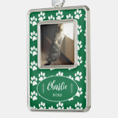 Paw Prints Pattern Cat Photo Green Framedオーナメント シルバープレートフレームオーナメント (左)
