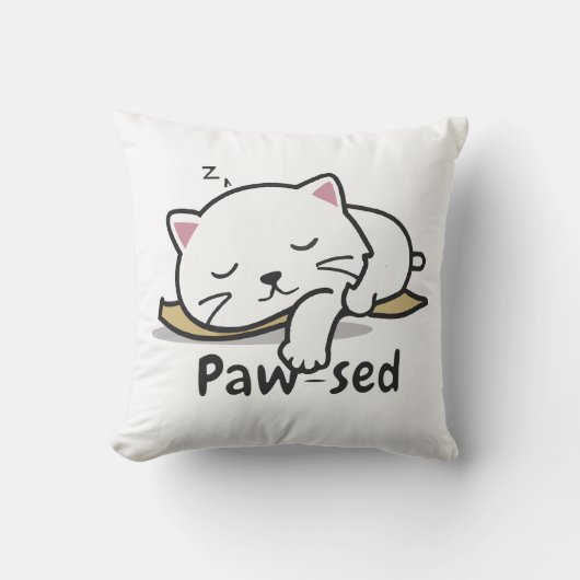 Paw-sed Cat Throw Pillow – Soft & Snuggly Nap Deco クッション (正面)