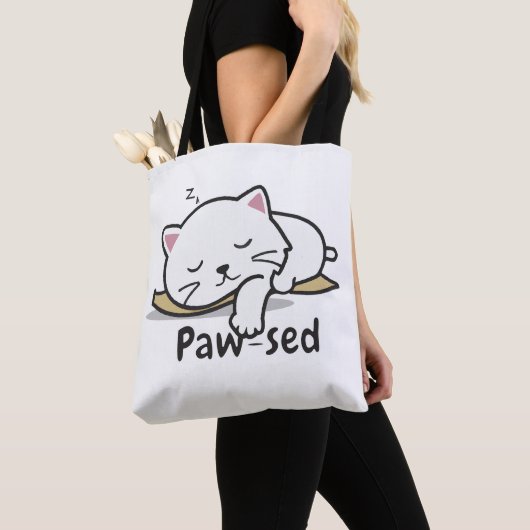 Paw-sed Cute Cat Tote – Lazy Kitty Cotton Bag トートバッグ (クローズアップ)
