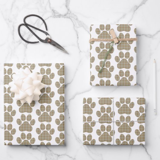 Paw Shape Plaid Tan Dog Cat ラッピングペーパーシート (正面)