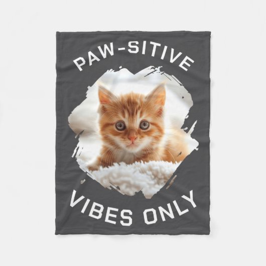 Paw Sitive Vibes Only Cat Photo Black  フリースブランケット (正面)