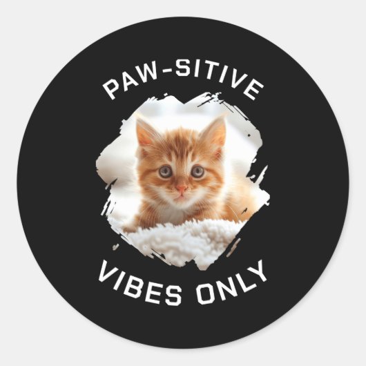 Paw Sitive Vibes Only Cat Photo Black  ラウンドシール (正面)