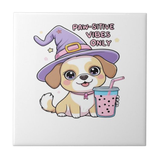 Paw-sitive Vibes Only Cute Dog With Bubble Tea Hal タイル (正面)