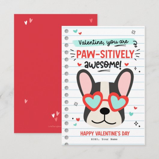 Paw-some Dog Pun Kids Classroom Valentinesカード 招待状 (正面/裏面)