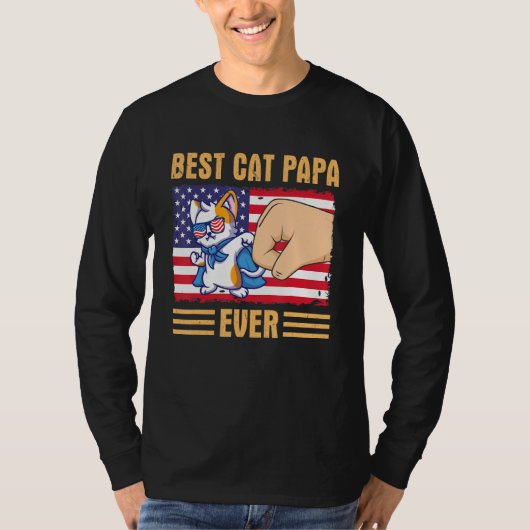 Paw Touching Hand US Flag America Best Cat Papa Ev Tシャツ (正面)