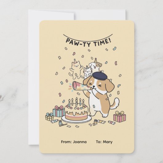 Paw-ty Time! Cute Dog & Cats Joyful Birthday Card (正面)
