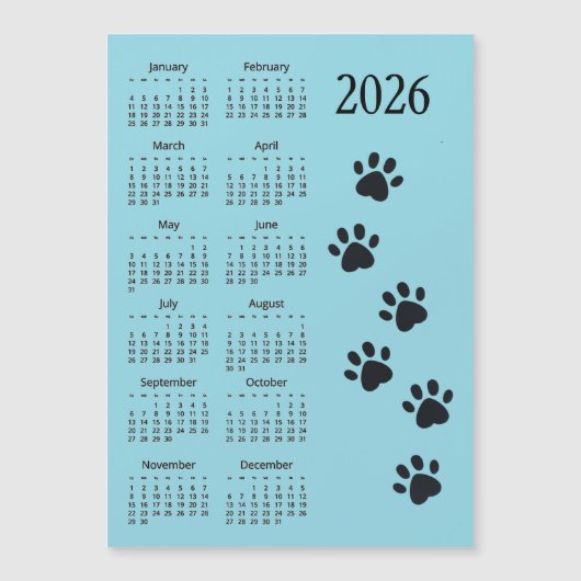 Pawprints Design 2026 Calendar Magnetic Card (正面)