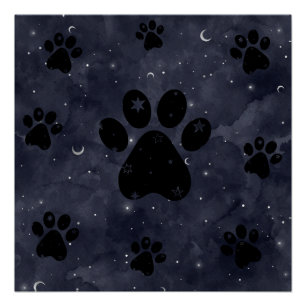 Paws星と三日月の月の青い水色 ポスター