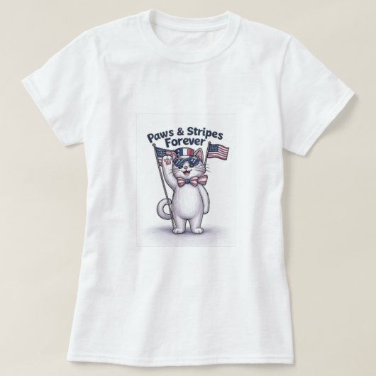 Paws & ストライプPatriotic おもしろい Cat Tシャツ (デザイン正面)
