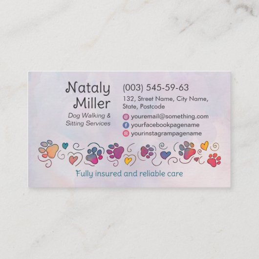 Paws and Heats – 手描きラインアート&水彩画 名刺 (裏面)