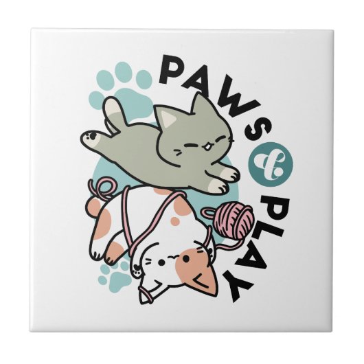 Paws and Play – かわいい猫のイラスト タイル (正面)