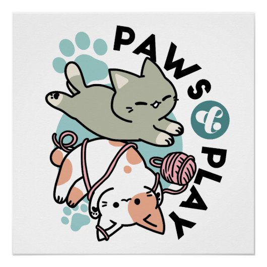 Paws and Play – かわいい猫のイラスト ポスター (正面)