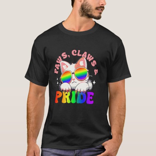 Paws, Claws And Pride 猫用サングラス 虹色の爪 Tシャツ (正面)