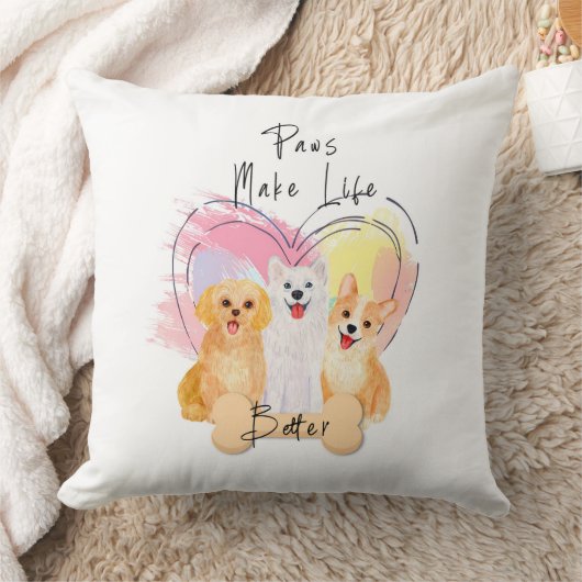 Paws Make Life Better Pillow – Cute Trio of Happy  クッション (ブランケット)