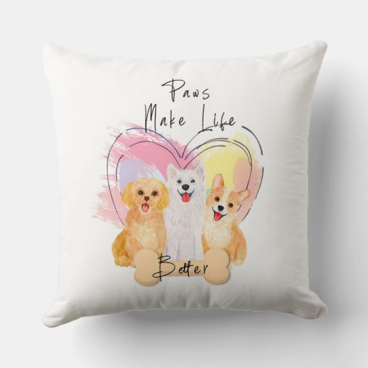 Paws Make Life Better Pillow – Cute Trio of Happy  クッション (裏面)