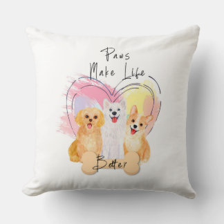 Paws Make Life Better Pillow – Cute Trio of Happy  クッション