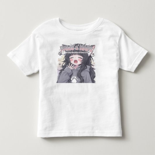 Paws & Naps かわいいあくびのアニメ少女と子猫 キッズ用 トドラーTシャツ (正面)