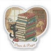 Paws & Pages | 居心地の良い図書館の本に囲まれたかわいい猫と犬 シール (正面)