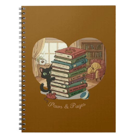 Paws & Pages | 居心地の良い図書館の本に囲まれたかわいい猫と犬 ノートブック (正面)