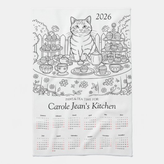 Paws & Tea Time Kitchen Tea Towels 2026 Calendar キッチンタオル (縦)
