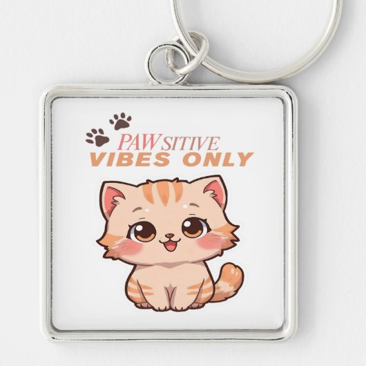 Pawsitive Vibes Only – Cute Kawaii Cat Design キーホルダー (正面)