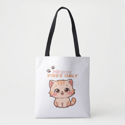 Pawsitive Vibes Only – Cute Kawaii Cat Design トートバッグ (正面)