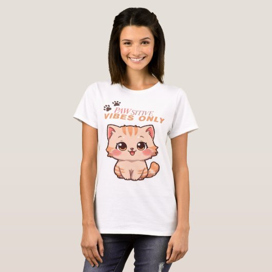 Pawsitive Vibes Only – Cute Kawaii Cat Design Tシャツ (正面フル)