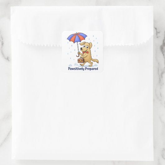 Pawsitively Prepared – Cute Dog with Umbrella スクエアシール (バッグ)
