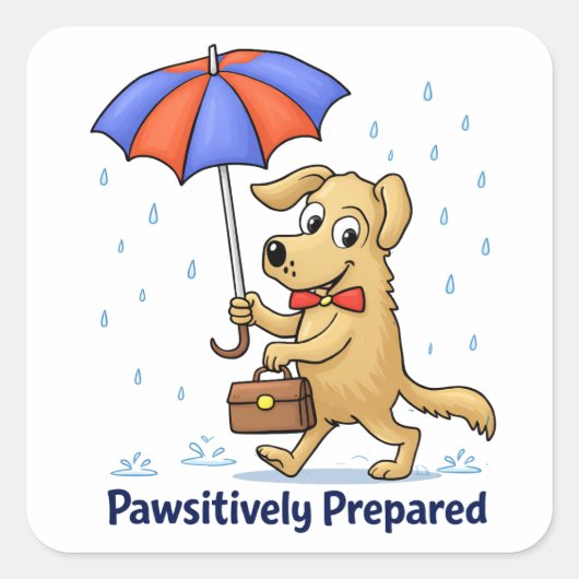Pawsitively Prepared – Cute Dog with Umbrella スクエアシール (正面)