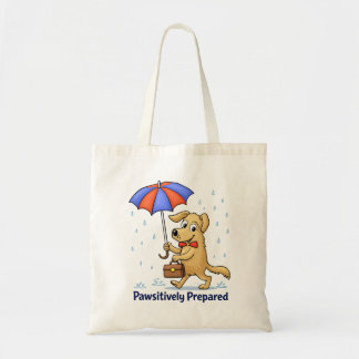 Pawsitively Prepared – Cute Dog with Umbrella トートバッグ