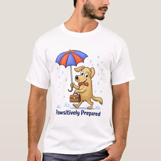 Pawsitively Prepared – Cute Dog with Umbrella Tシャツ (正面)