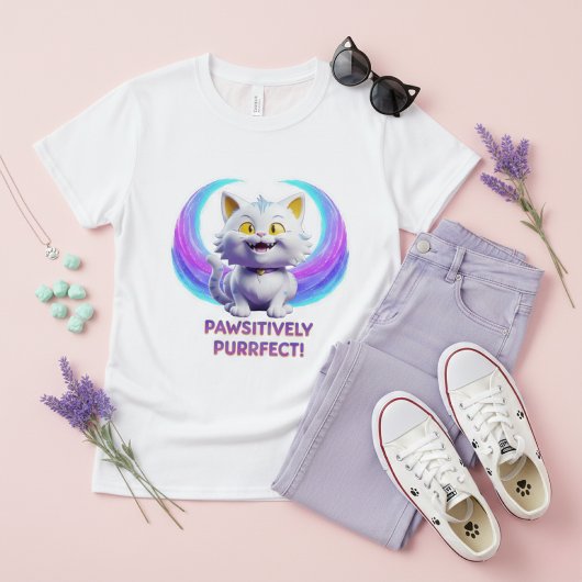 Pawsitively Purrfect Cute Cartoon White Cat Pun Tシャツ