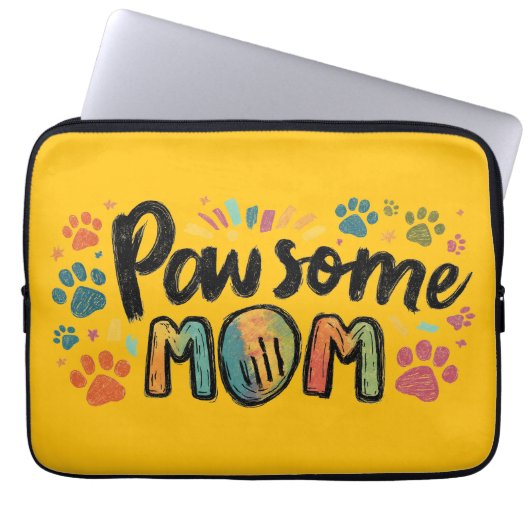 Pawsome MOMお洒落グラフィックとPawsカラフル ラップトップスリーブ (正面)