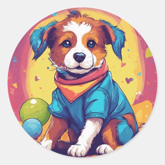Pawsome Pup:犬よくはしゃぐステッカー ラウンドシール (正面)