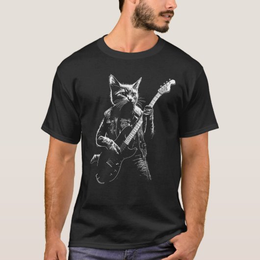 Pawsome Rhythms Cat Playing Guitar Art Tシャツ (正面)