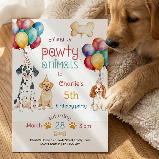 Pawty Animals Puppy Dogs and Balloons Birthday 招待状