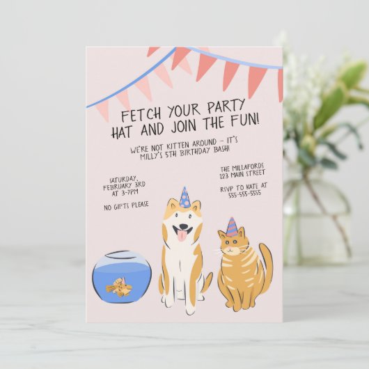 Pawty Time Kids Birthday Invitation | House Pets 招待状 (スタンド正面)