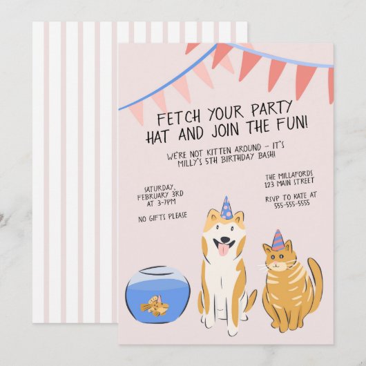 Pawty Time Kids Birthday Invitation | House Pets 招待状 (正面/裏面)