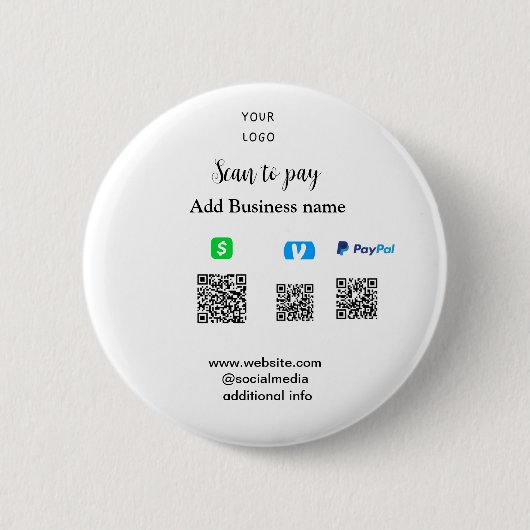 Paypal Cashapp Venmo スキャン払いQRコード ビジネス用追加 缶バッジ (正面)