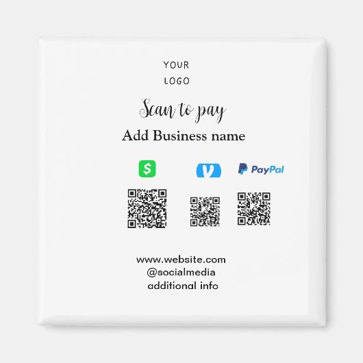 Paypal Cashapp Venmo スキャン支払いQRコード ビジネス追加 マグネット (正面)