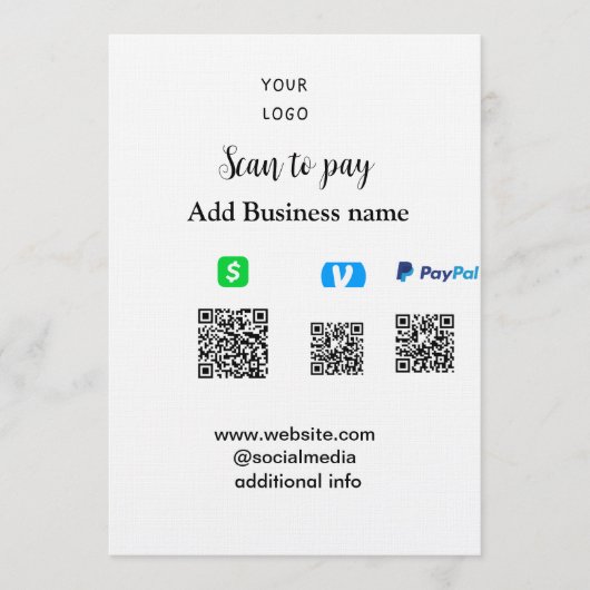 Paypal Cashapp Venmo QRコードでビジネスへの支払い 招待状 (正面)