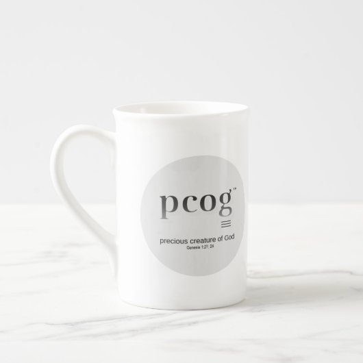 PCOG頭字語; 円形フルメッセージ; 黒白カラー; ボーンチャイナマグカップ (左)