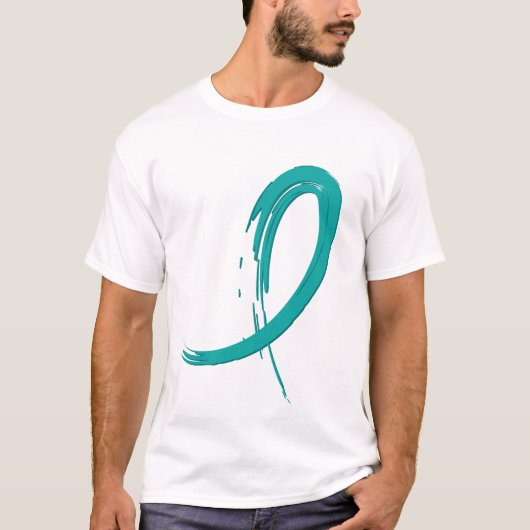 PCOSのティール（緑がかった色）のリボンA4 Tシャツ (正面)