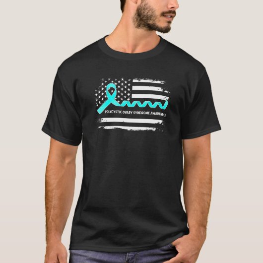 PCOS Awareness American Flag  Teal Ribbon Tシャツ (正面)