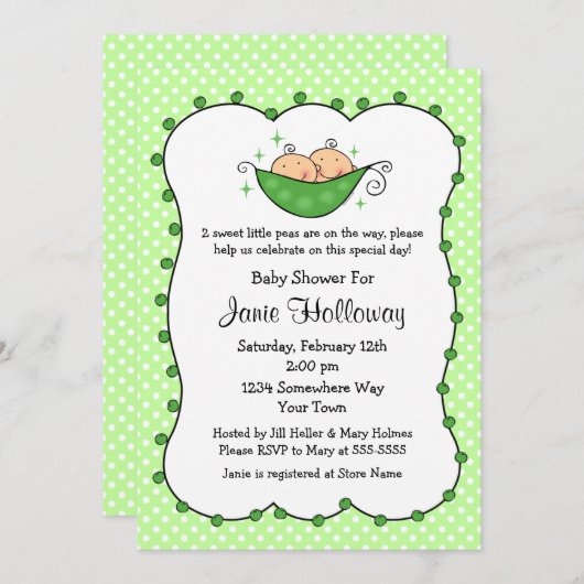 Pea In My Pod Twins Baby Shower(ポッドの双子のベビーシャワーを入れる 招待状 (正面/裏面)
