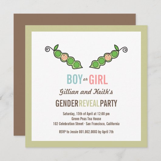 Pea in Pod Gender Reveal Baby Shower招待状 招待状 (正面/裏面)