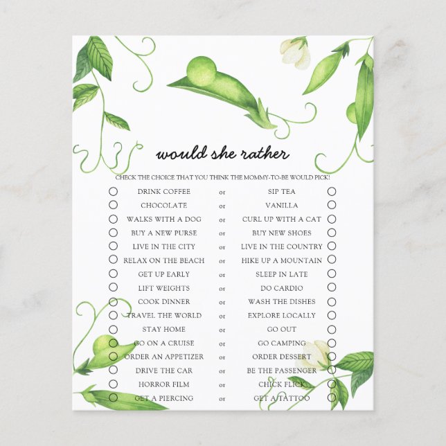 Pea Would She Rather Baby Shower Game (正面)