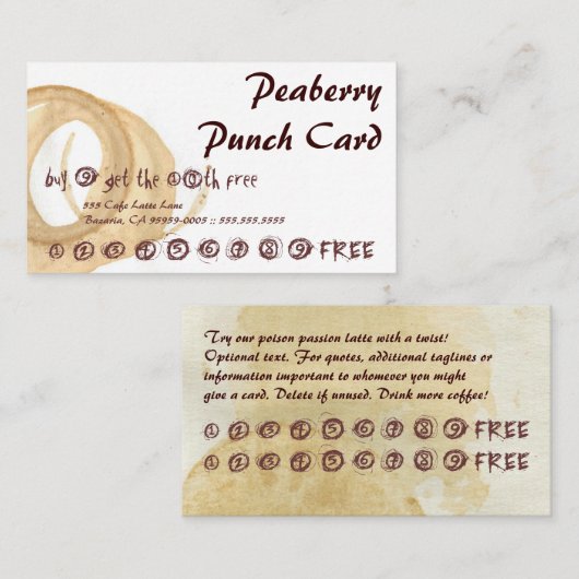 Peaberryは混乱の飲み物のパンチカードを汚しました ロイヤリティカード (正面/裏面)